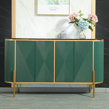 Green Sideboard Buffet Oval Faux Marble Top 59" Sideboard Cabinet 4 Doors & Shelves